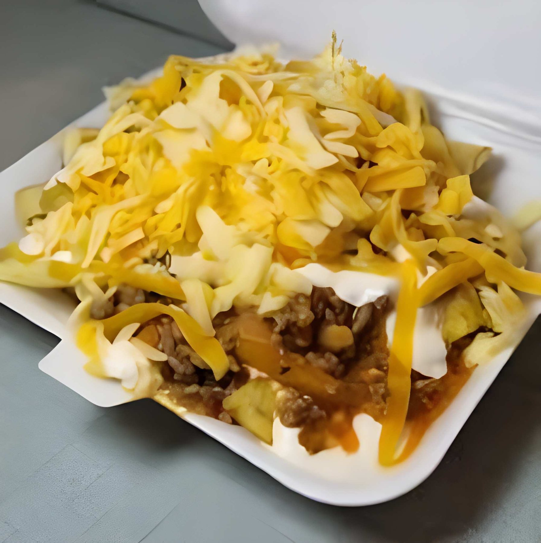 Taco chips loaded with grated cheese and sauce