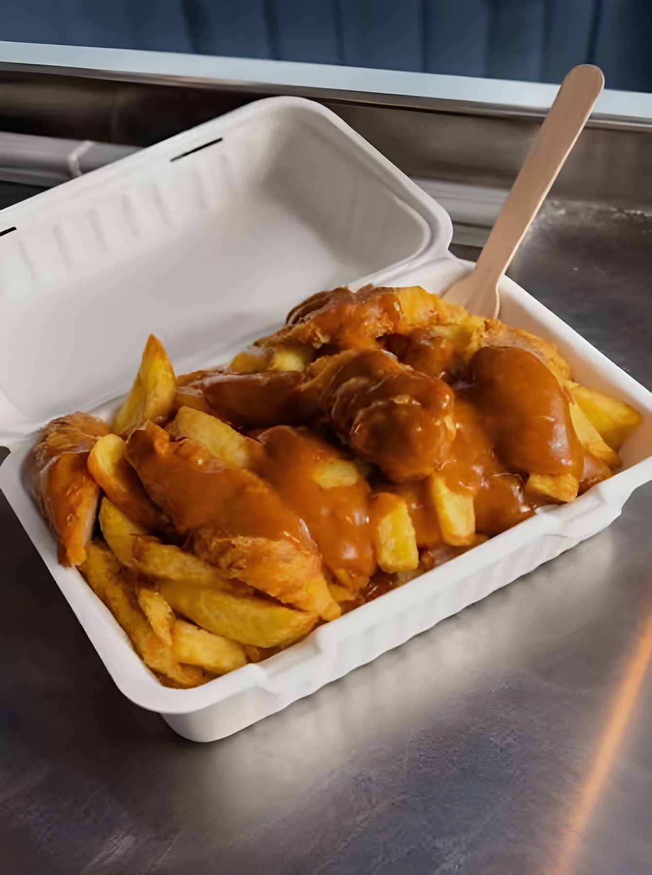 Chips in a takeaway box covered in curry sauce
